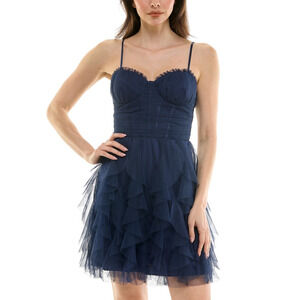 Pear Culture Juniors' Corset-Top Petal-Skirt Mesh Dress - Navy - 9, MSRP: 99$
